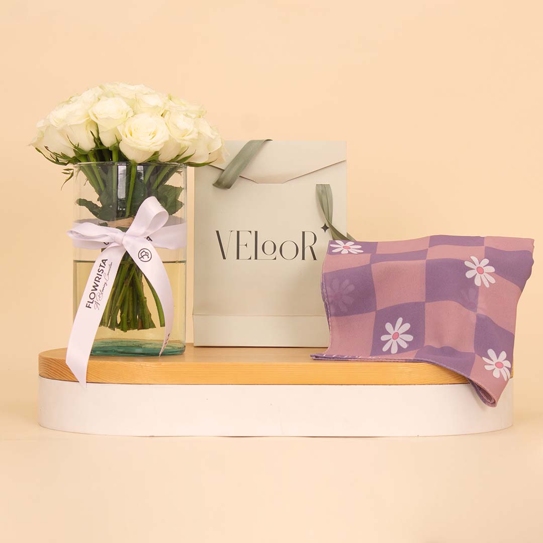 Flowrista Online Flowers Shop Verool Plum Scarf with 20 White Roses Vase