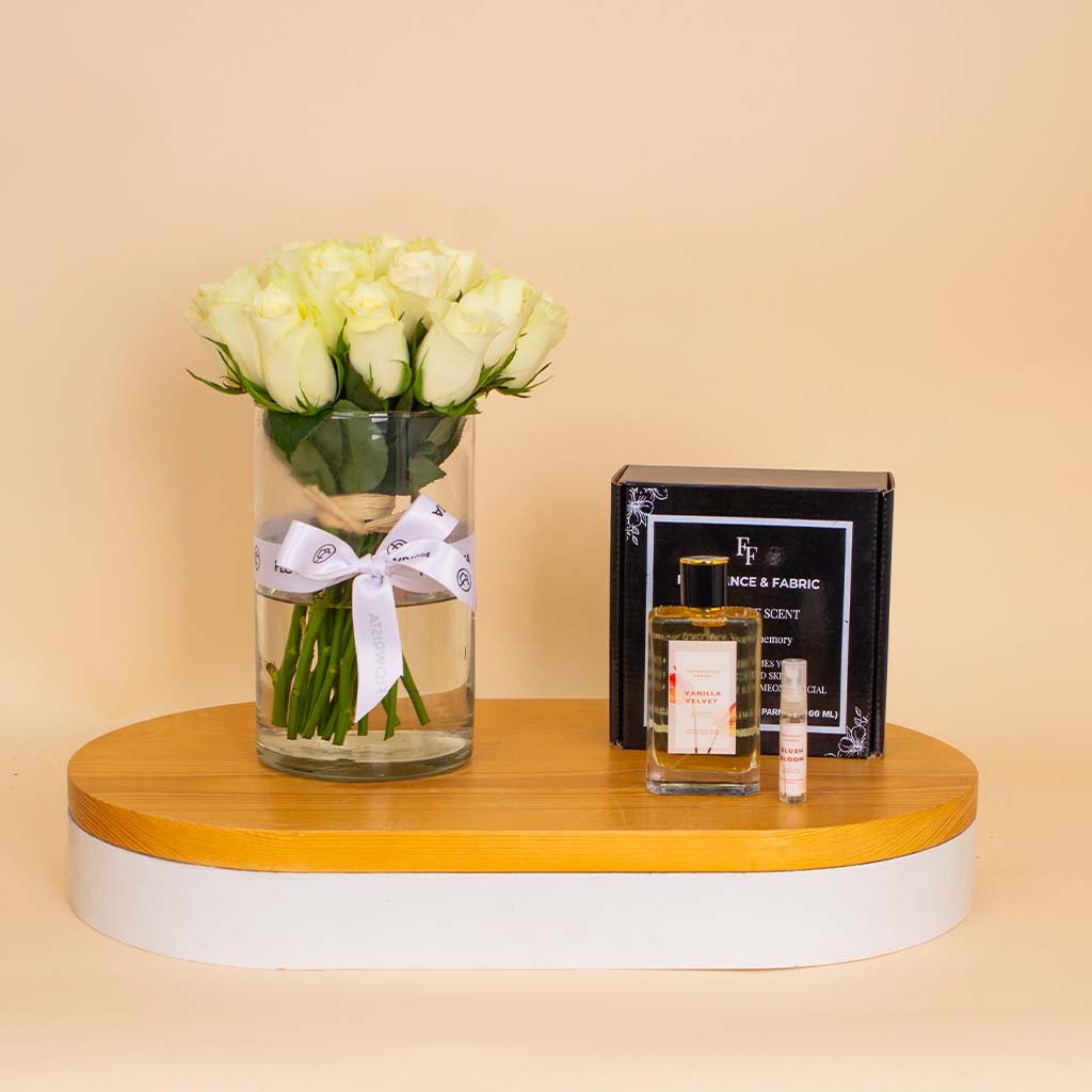 Flowrista Online Flowers Shop Fragrance & Fabric Vanilla Velvet – For Women & White Roses Vase