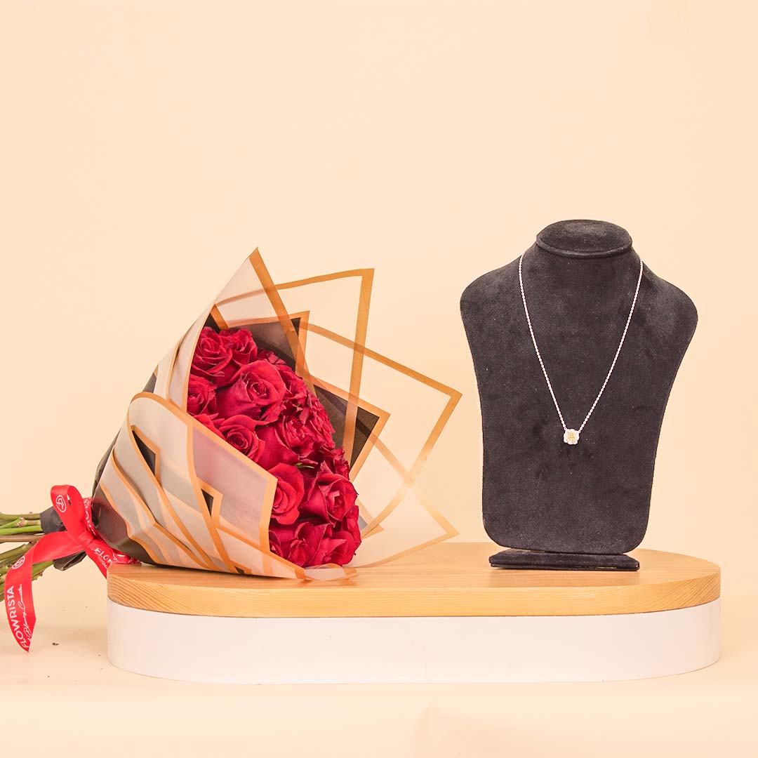 Flowrista Online Flowers Shop Markiz Silver Necklace with Yellow Zircon & 20 Red Roses