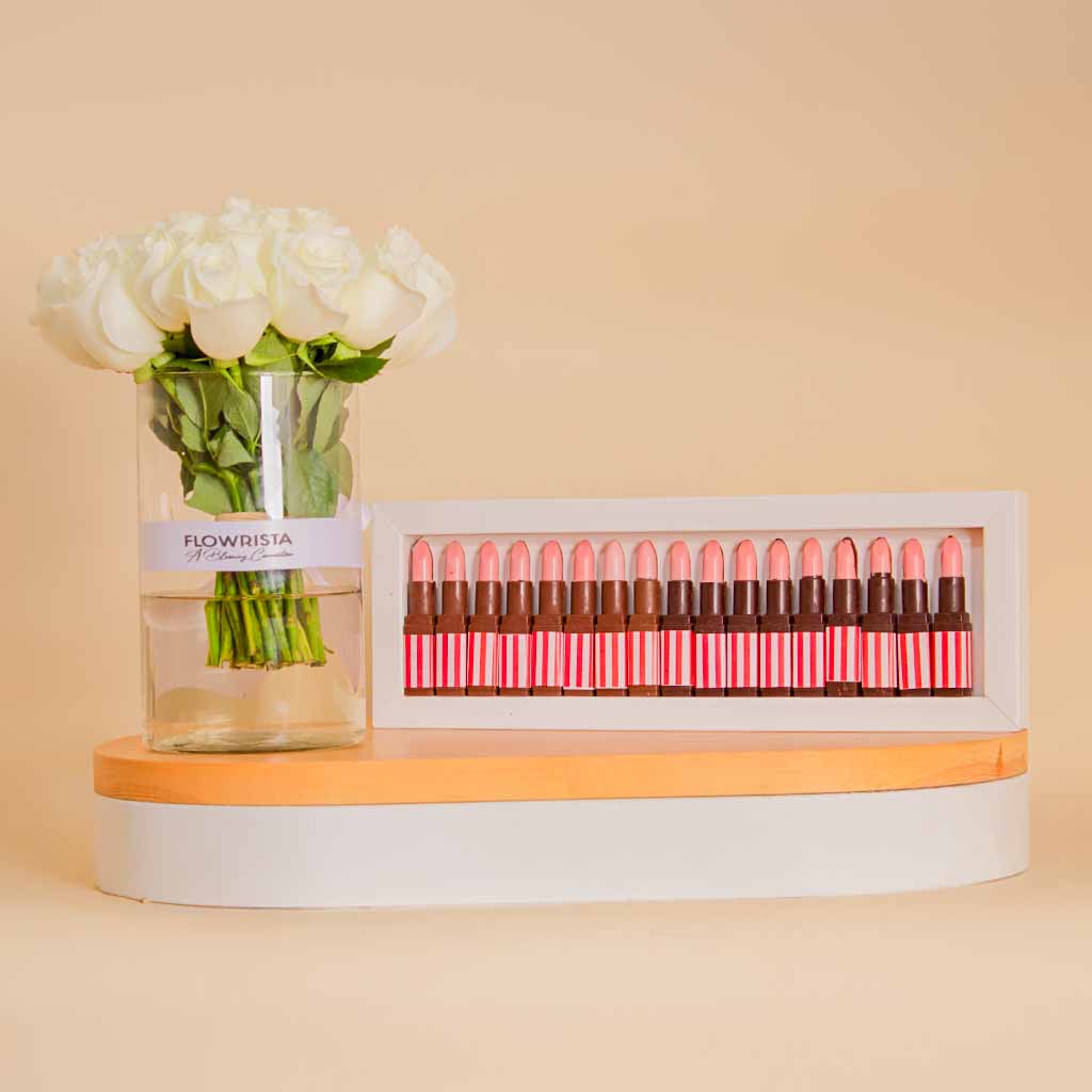 Flowrista Online Flowers Shop Shanshal Chocolate Lipstick & 20 White Roses Vase