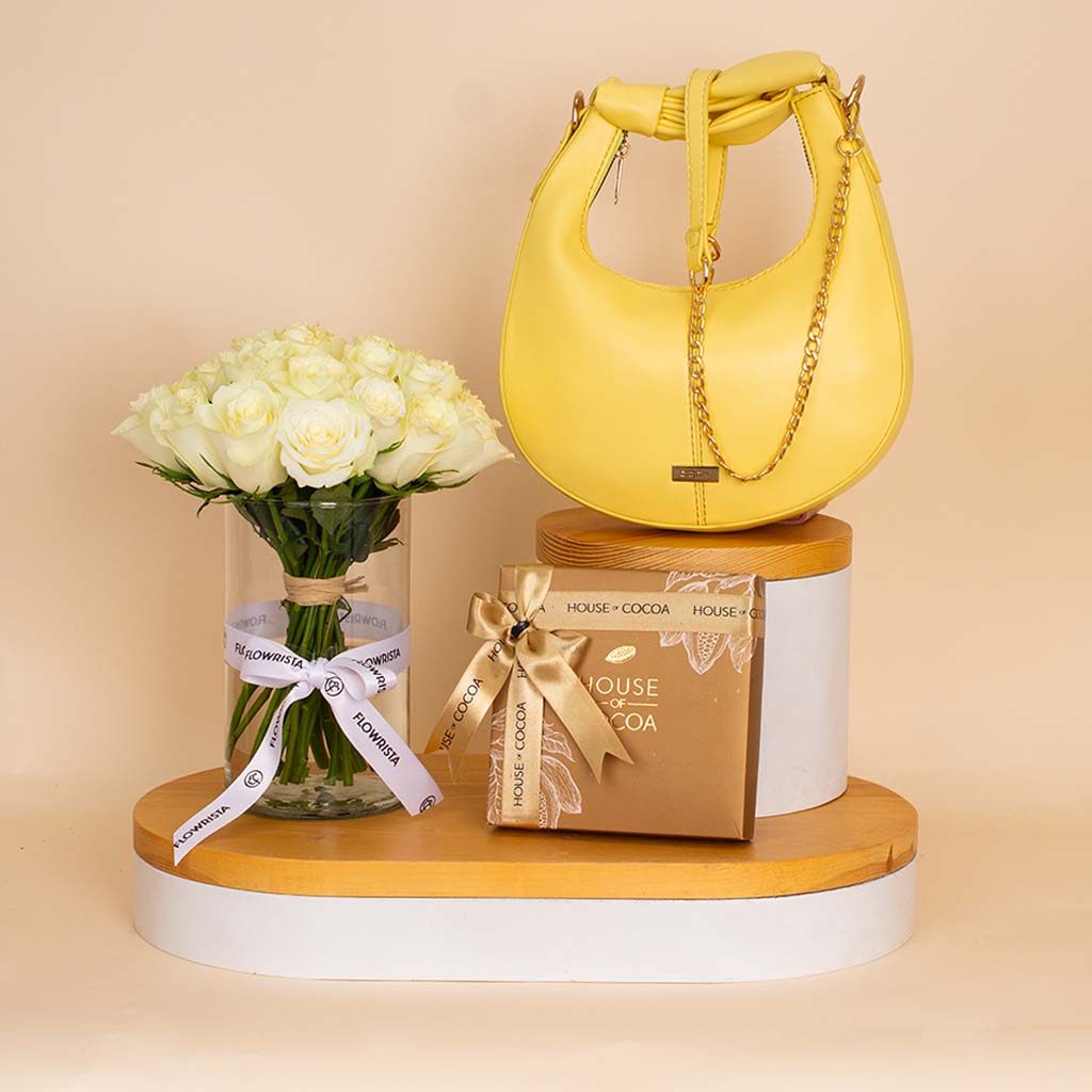 Flowrista Online Flowers Shop Alamki Bella Yellow Bag & White Roses Vase & House of Cocoa Chocolate Box