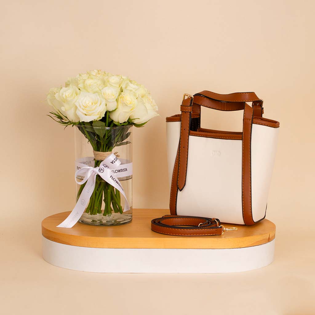 Flowrista Online Flowers Shop Alamki Velda Havan Bag & White Roses Vase