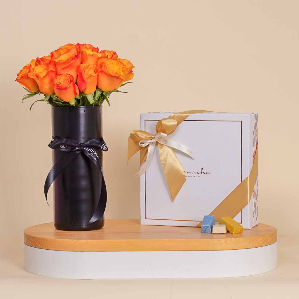 Flowrista Online Flowers Shop Panache Chocolate 1kg Box with 20 Orange Flowers