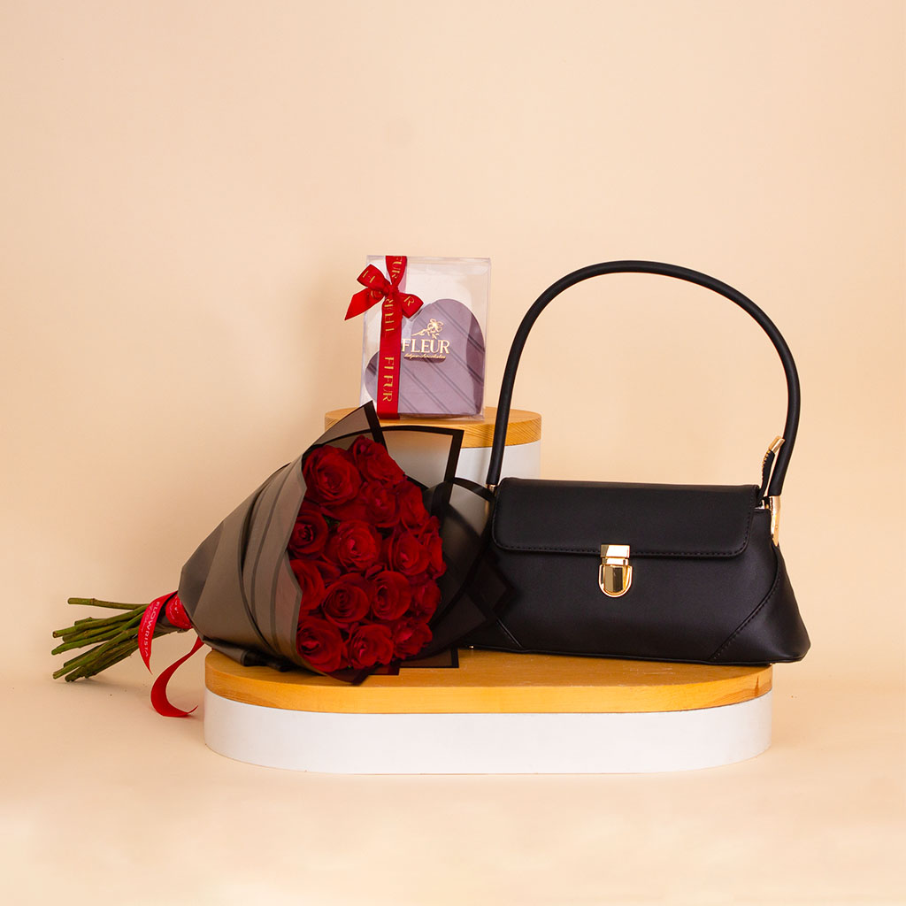 Flowrista Online Flowers Shop Alamki Arvin Black Bag & Fleur Heart Chocolate & Red Roses