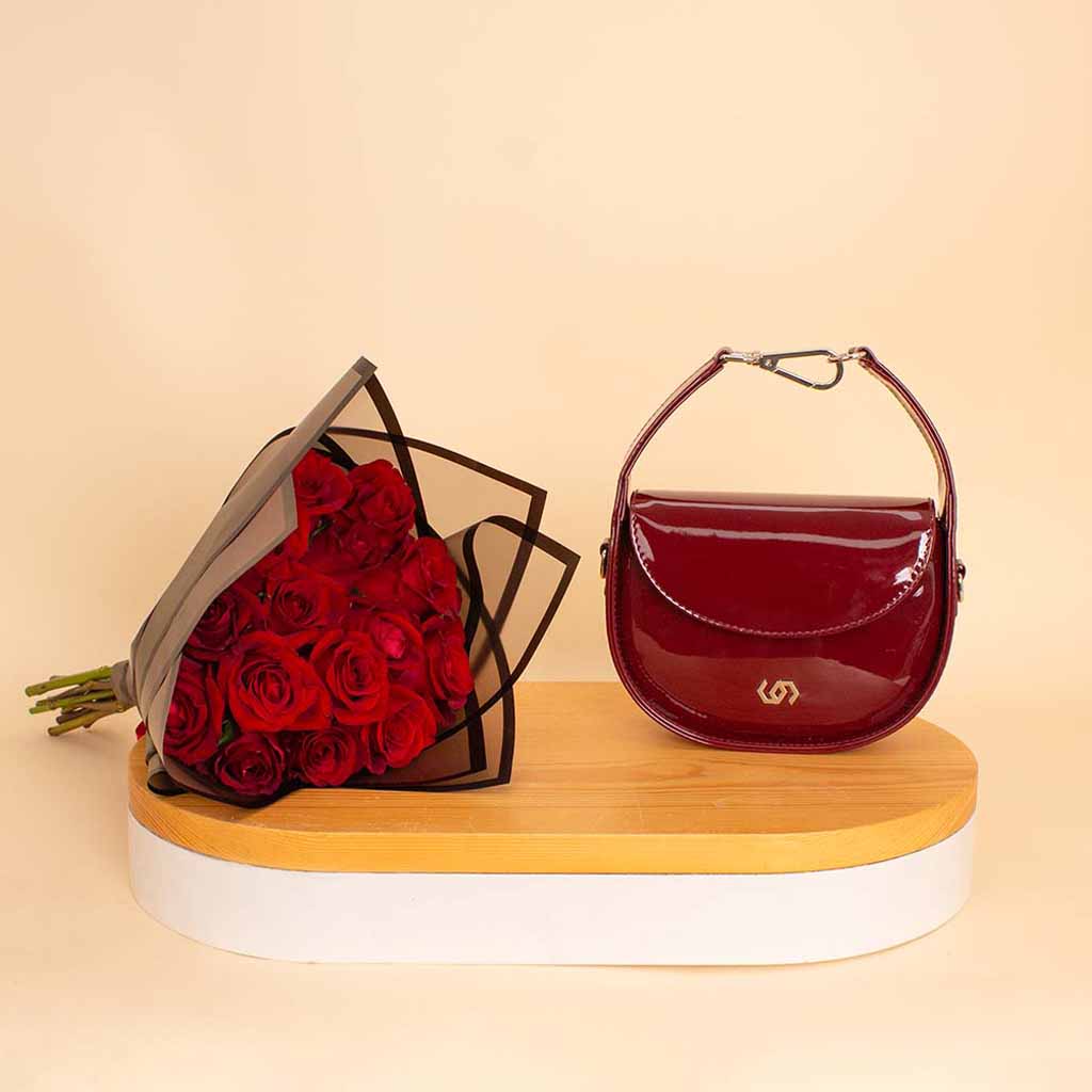 Flowrista Online Flowers Shop Cocan Half-Moon Bag Burgundy & Red Roses Bouquet