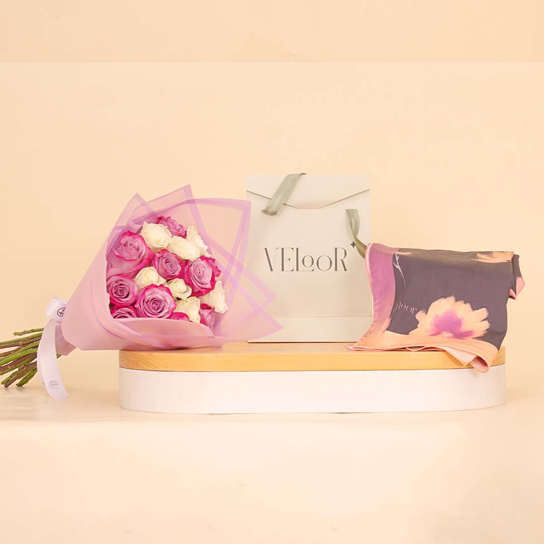 Flowrista Online Flowers Shop Veloor Layal Scarf | White and Purple Mixed Bouquet
