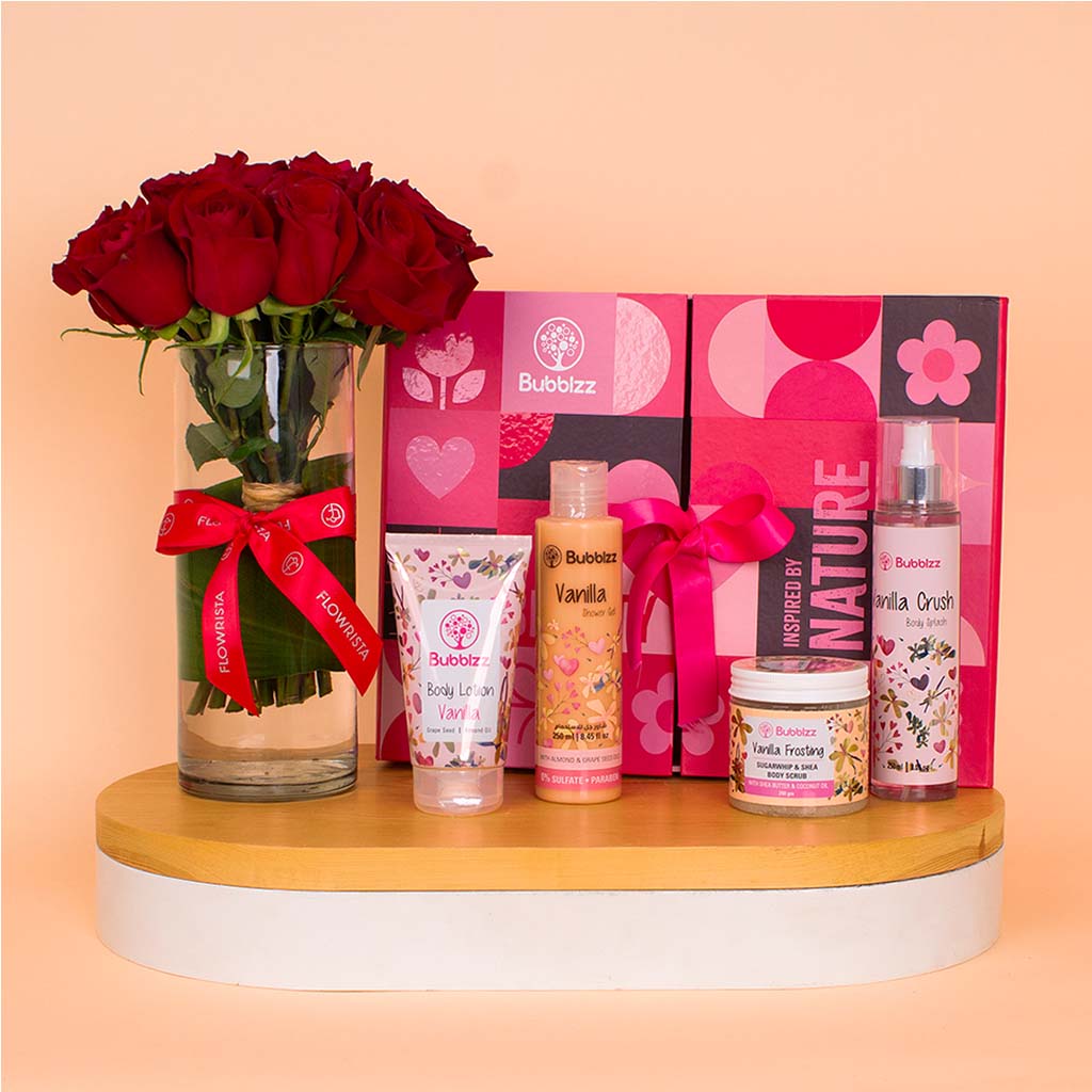 Flowrista Online Flowers Shop Bubblzz Vanilla Body Care Collection & Red Roses Vase