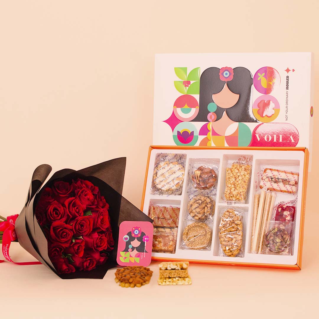 Flowrista Online Flowers Shop VOILA Mouled Box – Small (28 pcs) with Hand Bouquet of 15 Red Roses