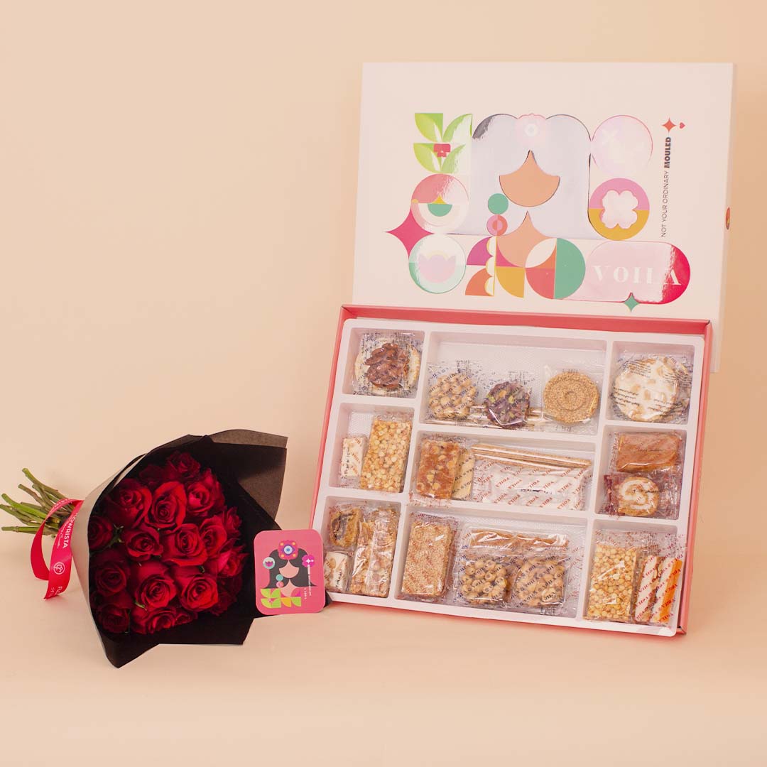 Flowrista Online Flowers Shop VOILA Mouled Box – Medium (45 pcs) with 15 Red Roses
