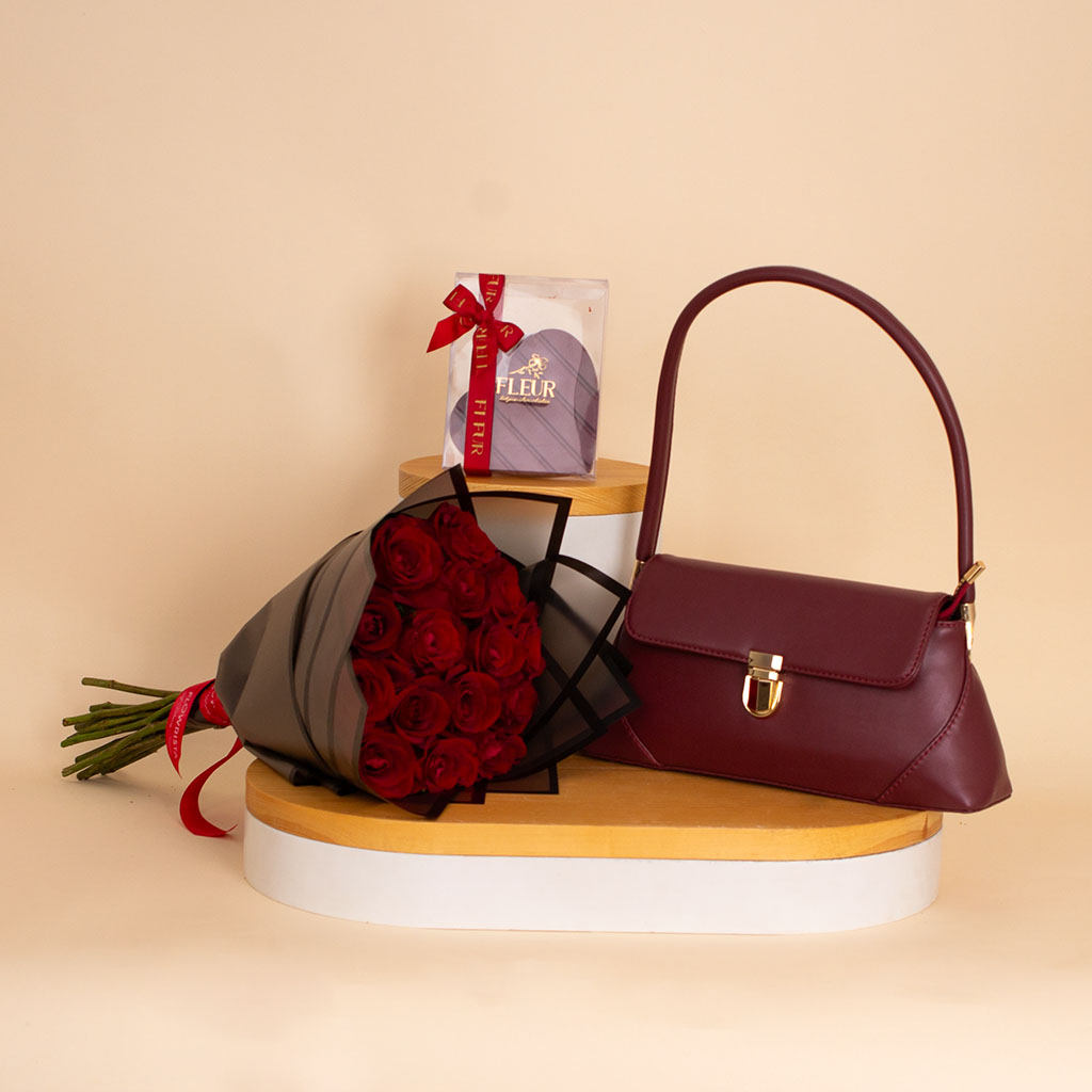 Flowrista Online Flowers Shop Alamki Arvin Burgundy Bag & Fleur Heart Chocolate & Red Roses