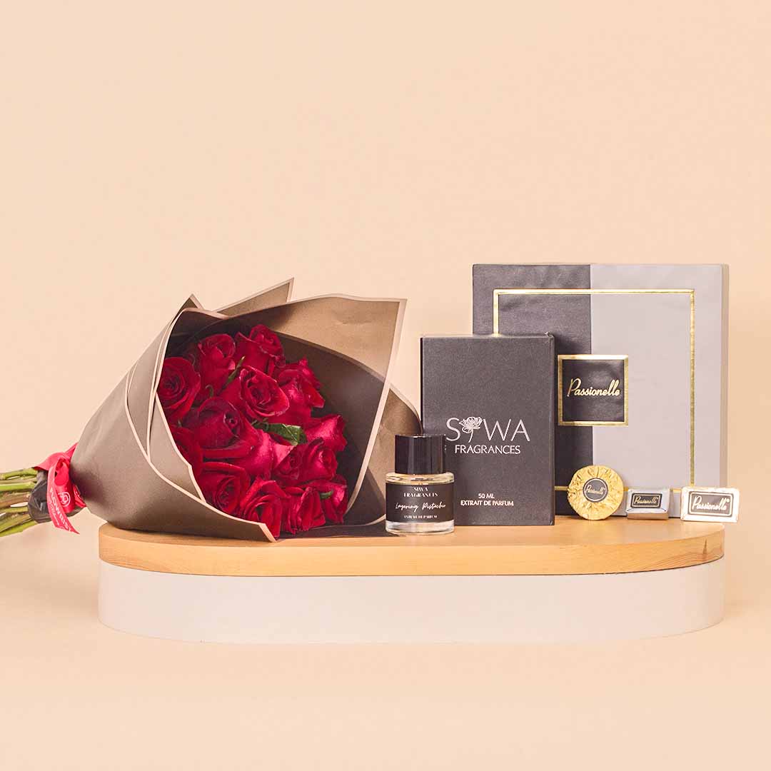 Flowrista Online Flowers Shop Passionelle Premium Chocolate Box with 15 Red Roses and Siwa Layering Pistachio 50ml