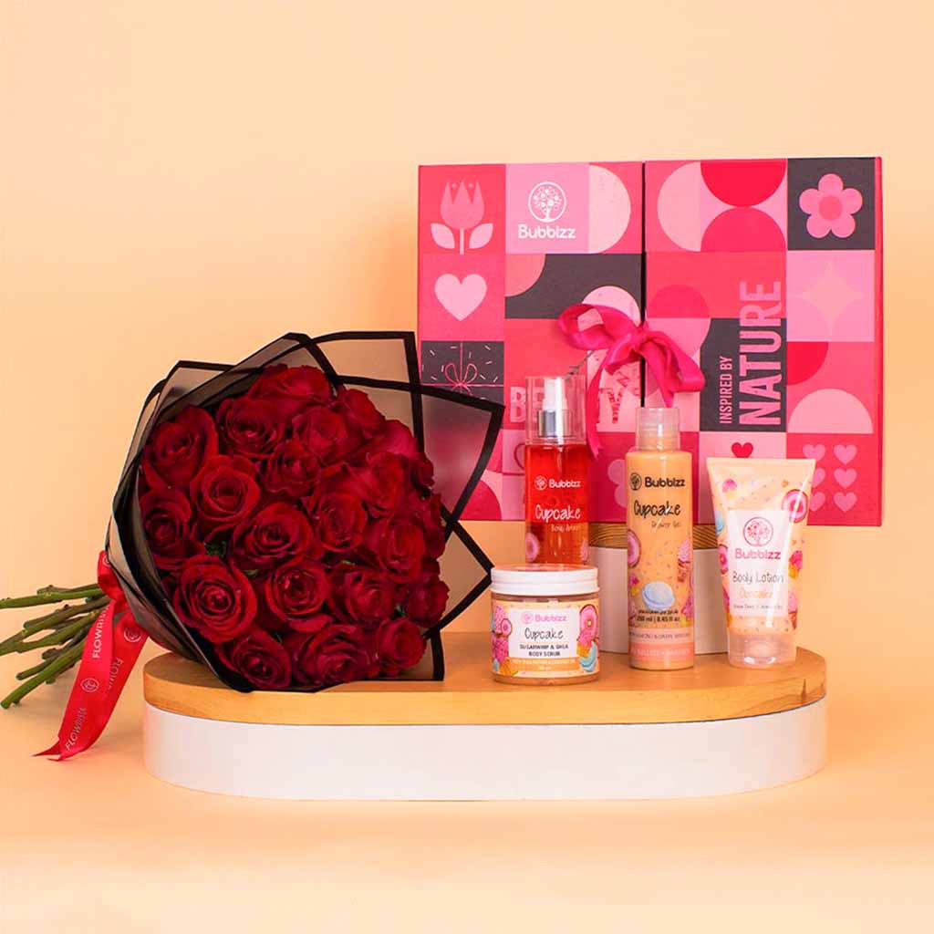 Flowrista Online Flowers Shop Bubblzz Cupcake Body Care Collection & Red Roses