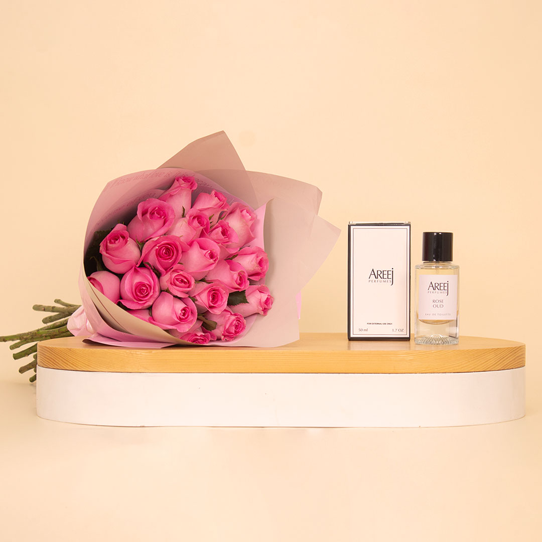 Flowrista Online Flowers Shop Areej Rose Oud with 20 pink Roses Bouquet