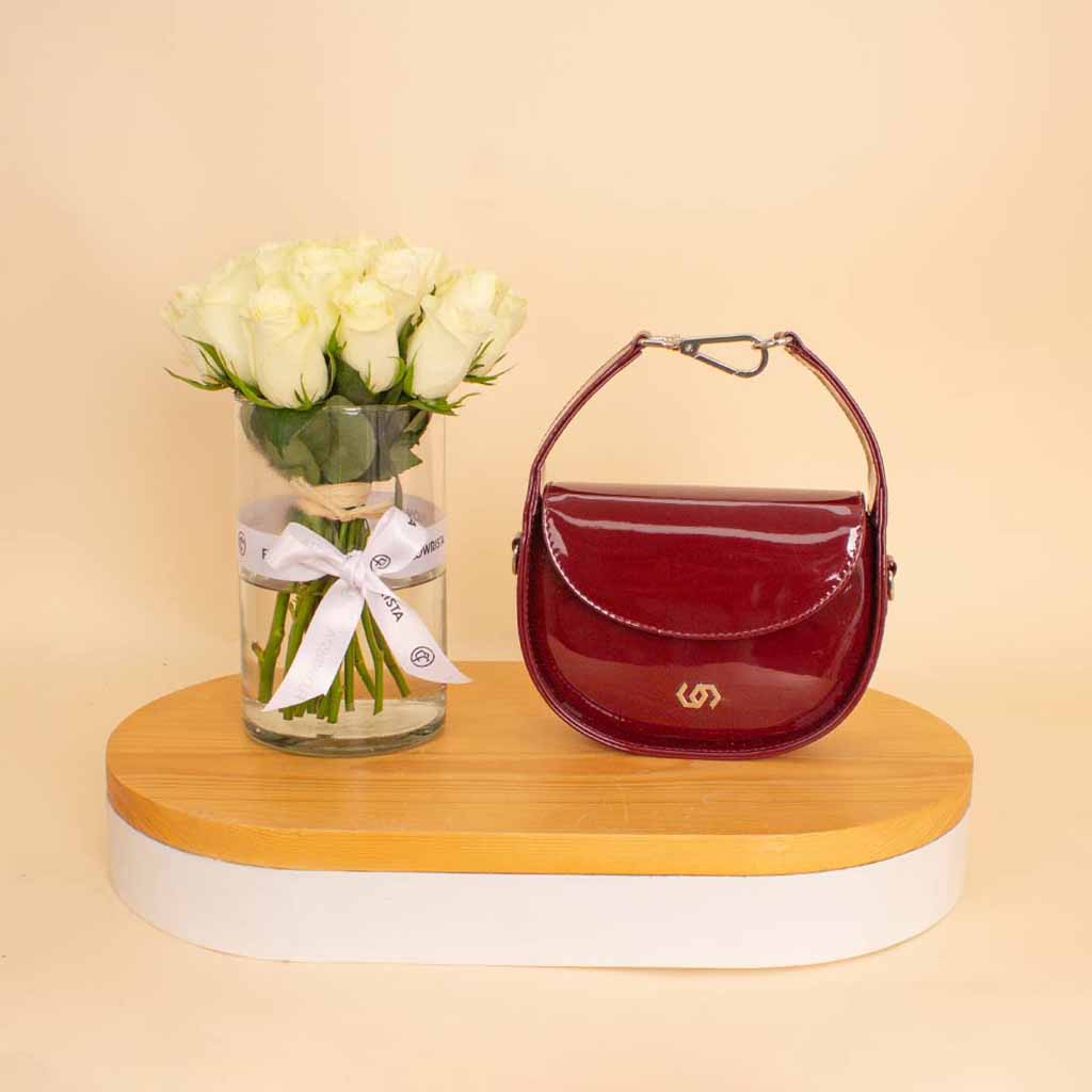 Flowrista Online Flowers Shop Cocan Half-Moon Bag Burgundy & White Roses Vase