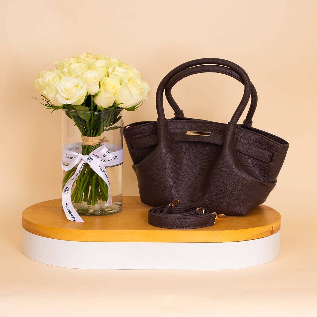 Flowrista Online Flowers Shop Alamki Alice Bag Brown & White Roses Vase