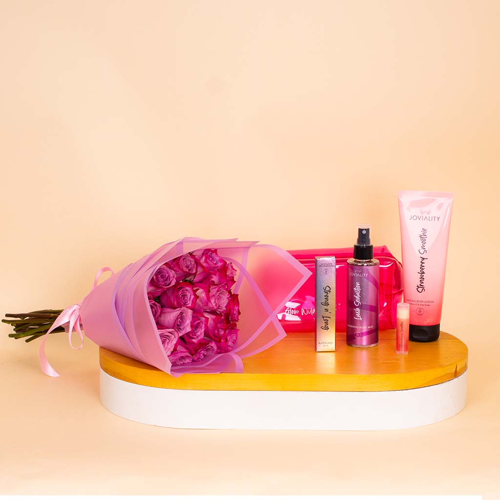 Flowrista Online Flowers Shop Joviality Strawberry Seduction Kit & Purple Roses Bouquet