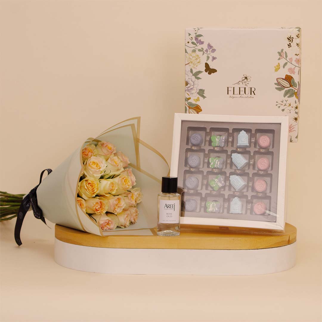 Flowrista Online Flowers Shop Areej & Fleur: Roses, Oud Fragrance & Belgian Chocolates Gift Set