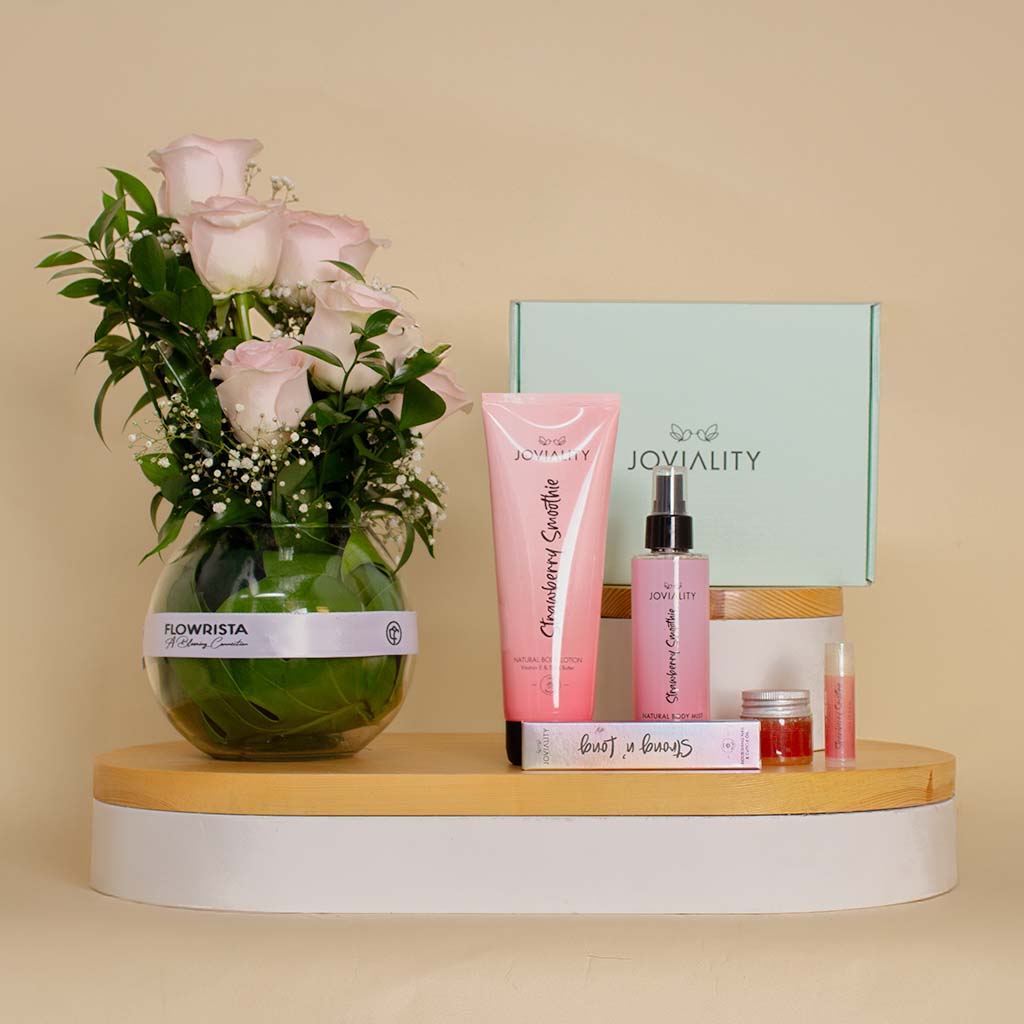 Flowrista Online Flowers Shop Joviality Skin Love Kit with Vase of Unique Roses