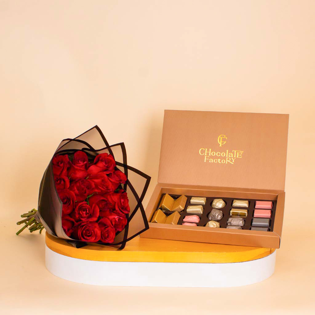 Flowrista Online Flowers Shop Chocolate Factory Luxe Box – 19 Pieces & Red Roses Boutque