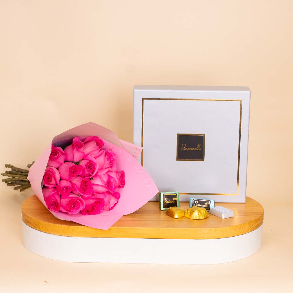 Flowrista Online Flowers Shop Passionelle Silver Chocolate Box & Pink Roses Bouquet