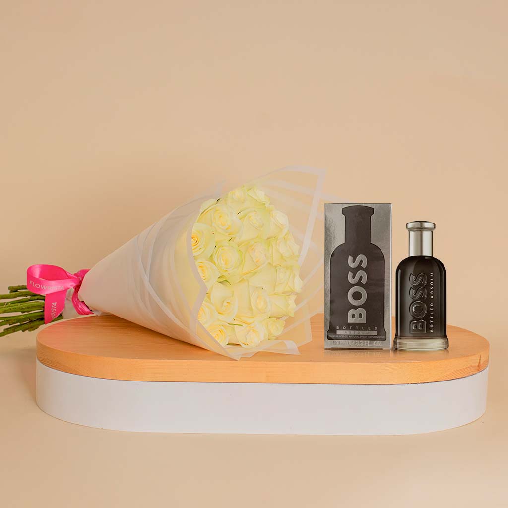 Flowrista Online Flowers Shop Boss Bottled Absolu Intense | White Rose Bouquet