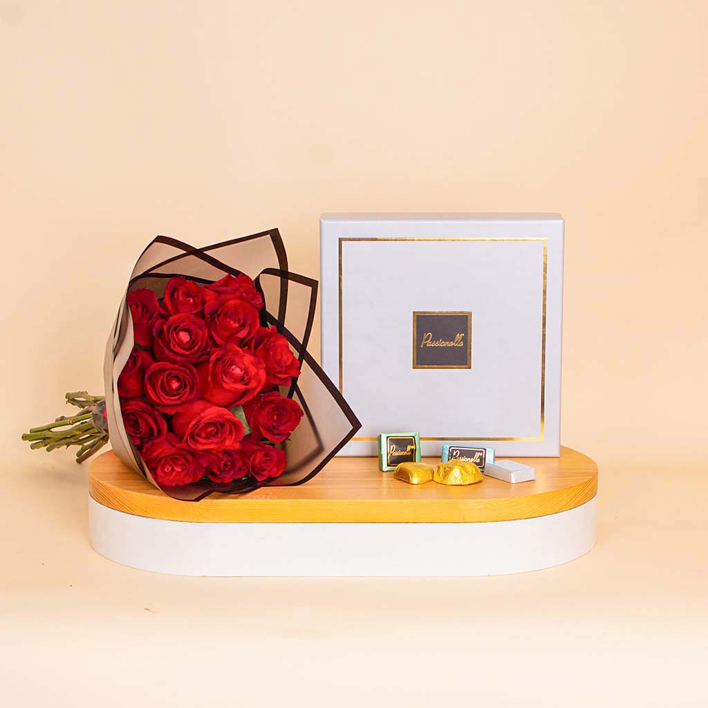 Flowrista Online Flowers Shop Passionelle Silver Chocolate Box & Red Roses Bouquet